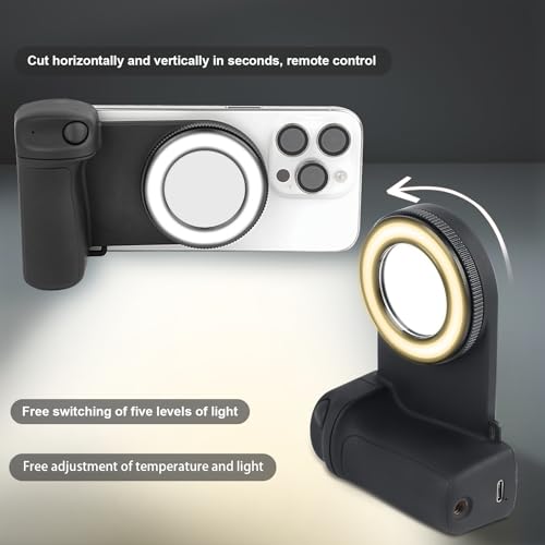 Keledz Magnetic Phone Camera Grip with Selfie Fill Light, Smartphone Shooting Holder Selfie Handle Snap with Shutter Button Remote for iPhone 16 15 14 13 12 Pro Max Android Cellphone Vlog Video Photography - Image 2