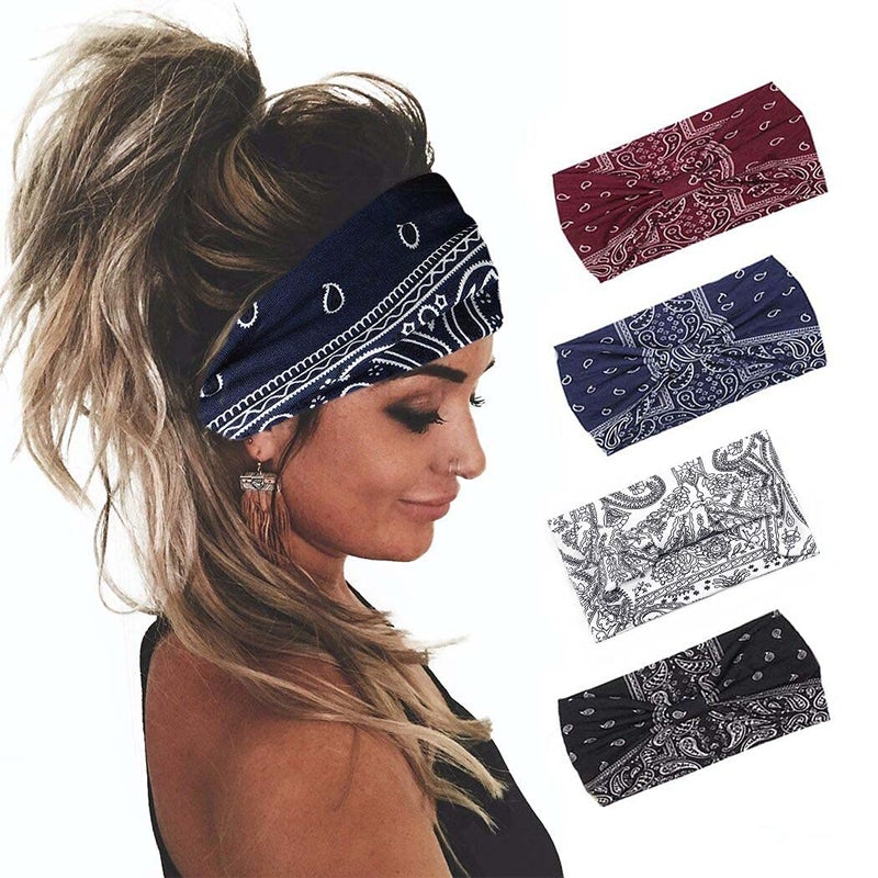 Yean Boho Wide Headbands Black Stretch Hair Bands Elastic Turbans Stylish Head Wraps for Women and Girls Pack of 4 Boho