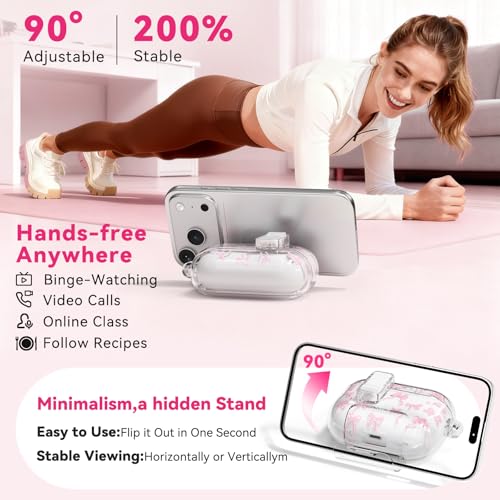 Ekoonpft for AirPods Pro 3 Case Cute, Bow-Print Clear Case with Safety Lock & Phone Stand, Auto-Open Lid for Apple AirPods Pro 3rd Generation 2025 Cover with Cleaner Keychain for Women Girly, Pink - Image 2