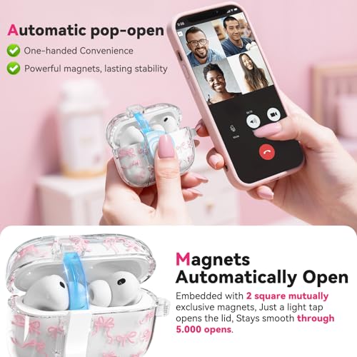 Ekoonpft for AirPods Pro 3 Case Cute, Bow-Print Clear Case with Safety Lock & Phone Stand, Auto-Open Lid for Apple AirPods Pro 3rd Generation 2025 Cover with Cleaner Keychain for Women Girly, Pink - Image 3