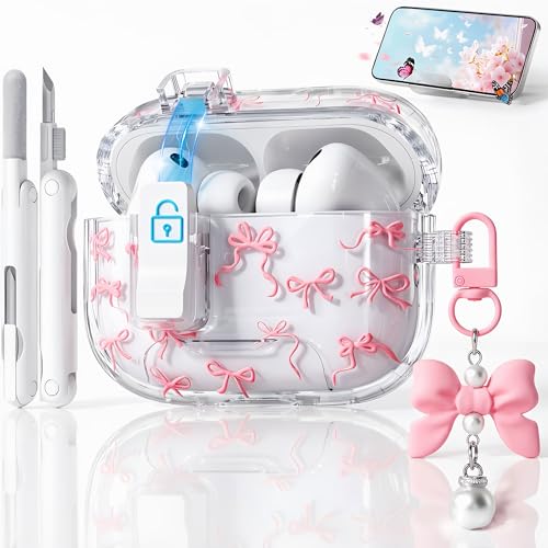 Ekoonpft for AirPods Pro 3 Case Cute, Bow-Print Clear Case with Safety Lock & Phone Stand, Auto-Open Lid for Apple AirPods Pro 3rd Generation 2025 Cover with Cleaner Keychain for Women Girly, Pink - Image 1