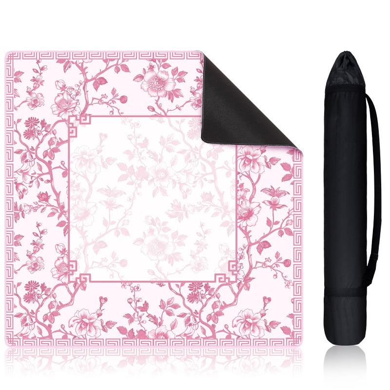 Sonwyoung 22 Inch Mini Chinoiserie Mahjong Mat for Travel Set Pink and White Floral Mahjong Mat Cute Small Domino Accessories Gifts Domino and Tile Game Table - Image 3