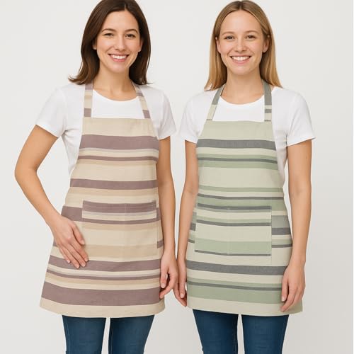 Värde 2 Pcs Unisex Cooking Aprons | Spillproof Layer | Striped Design with 2 Front Pockets & Free Size Neck Strap | Durable, Oil & Stain Resistant | Chef Apron for Cooking (2, Grey Olive & Coriander) - Image 1