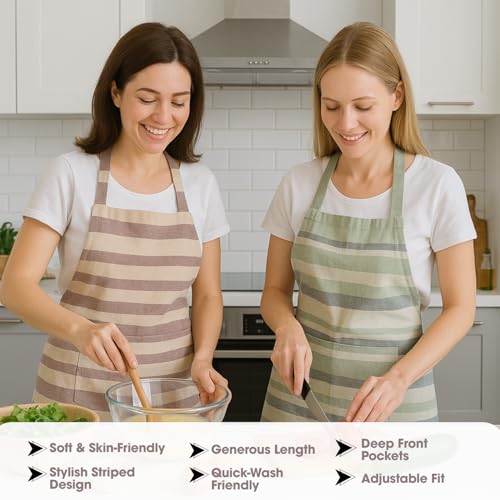 Värde 2 Pcs Unisex Cooking Aprons | Spillproof Layer | Striped Design with 2 Front Pockets & Free Size Neck Strap | Durable, Oil & Stain Resistant | Chef Apron for Cooking (2, Grey Olive & Coriander) - Image 5