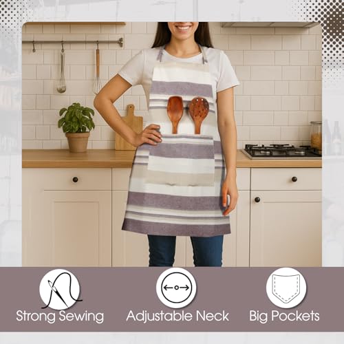 Värde 2 Pcs Unisex Cooking Aprons | Spillproof Layer | Striped Design with 2 Front Pockets & Free Size Neck Strap | Durable, Oil & Stain Resistant | Chef Apron for Cooking (2, Grey Olive & Coriander) - Image 3