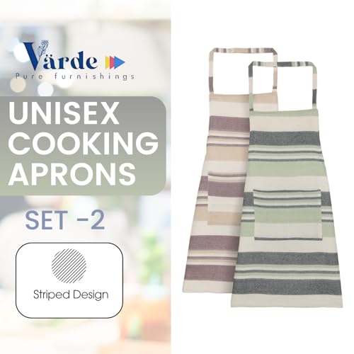 Värde 2 Pcs Unisex Cooking Aprons | Spillproof Layer | Striped Design with 2 Front Pockets & Free Size Neck Strap | Durable, Oil & Stain Resistant | Chef Apron for Cooking (2, Grey Olive & Coriander) - Image 2