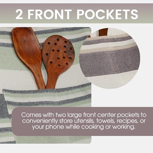 Värde 2 Pcs Unisex Cooking Aprons | Spillproof Layer | Striped Design with 2 Front Pockets & Free Size Neck Strap | Durable, Oil & Stain Resistant | Chef Apron for Cooking (2, Grey Olive & Coriander) - Image 4