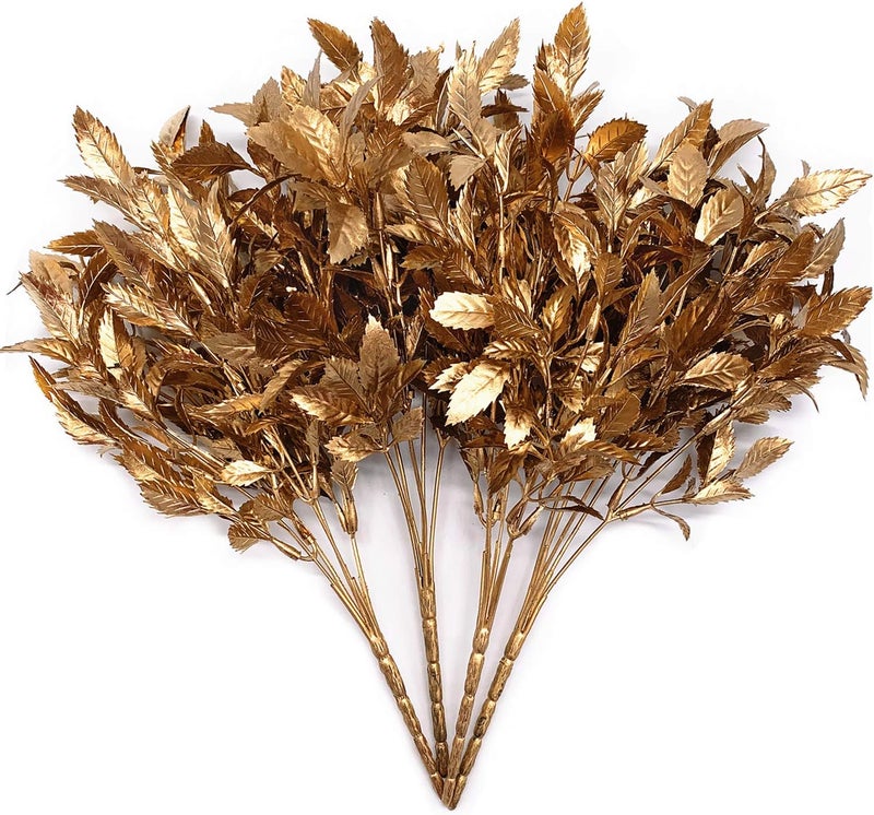 LOVENIMEN Artificial Golden Leaves Plants for Christmas Decoration, Fake Plant Bush Grass Fern Bushes Faux Shrubs Greenery Indoor Outside Planter Vase Filler Festival Home Garden Decor - Gold 4 Pack - Image 1