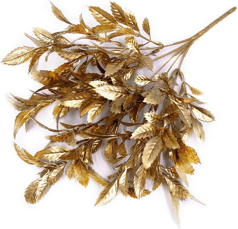 LOVENIMEN Artificial Golden Leaves Plants for Christmas Decoration, Fake Plant Bush Grass Fern Bushes Faux Shrubs Greenery Indoor Outside Planter Vase Filler Festival Home Garden Decor - Gold 4 Pack - Image 4