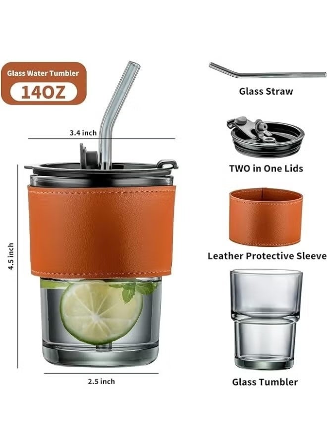 2كوب زجاجي مع مصاصة وغطاء ، كوب زجاجي مع غطاء حماية من الجلد ، كوب قابل لإعادة الاستخدام للقش وفم الشرب المباشر للاستخدام المزدوج - Image 3