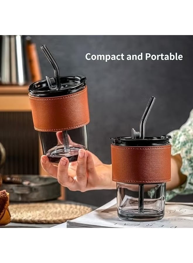 2كوب زجاجي مع مصاصة وغطاء ، كوب زجاجي مع غطاء حماية من الجلد ، كوب قابل لإعادة الاستخدام للقش وفم الشرب المباشر للاستخدام المزدوج - Image 5