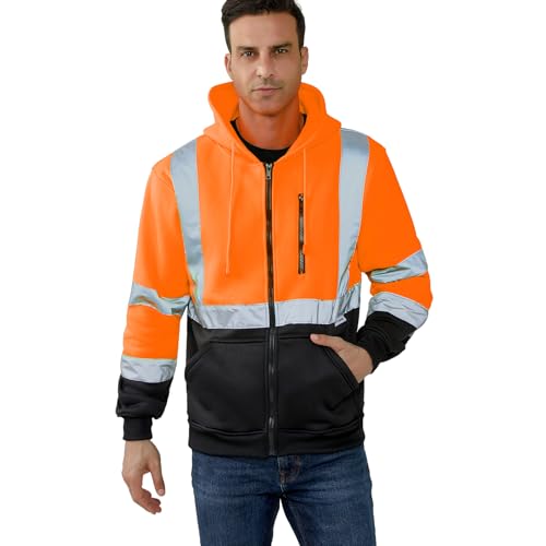 HYCOPROT High Visibility Safety Hoodie Hi Vis Safety Sweatshirts with Zipper Fleece Reflective Work Jacket with Black Bottom Winter Construction Hoodies Waterproof Rain Coat for Men Women ANSI Class 3 - Image 3