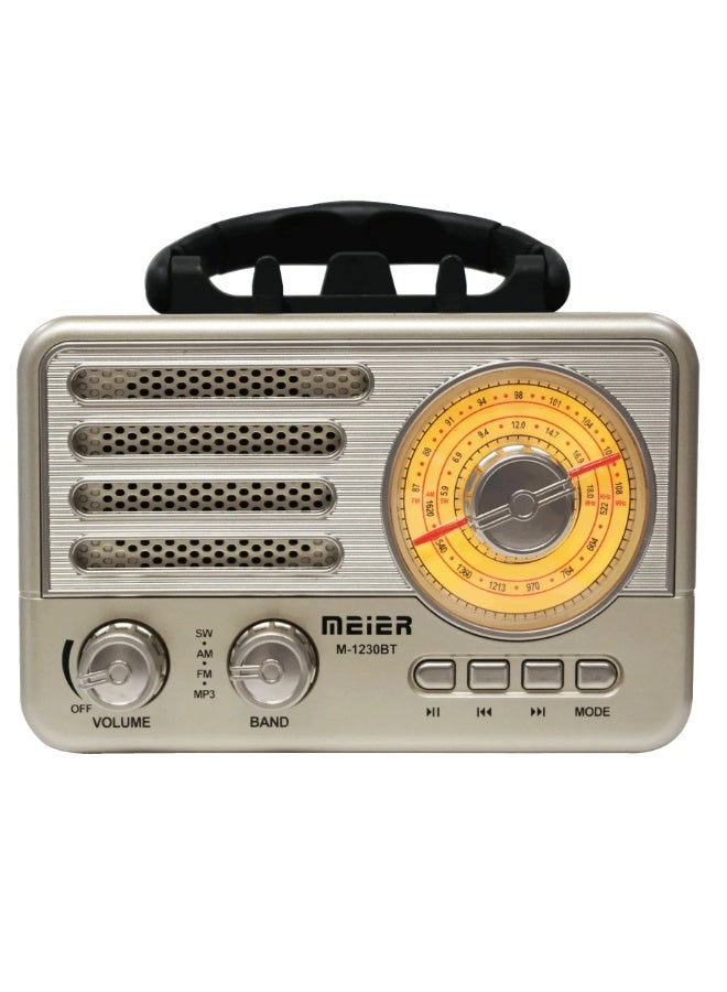 The M-1230BT portable AM/FM/SW radio with a rechargeable USB port is a vintage-style, retro-inspired cordless radio perfect for the office.