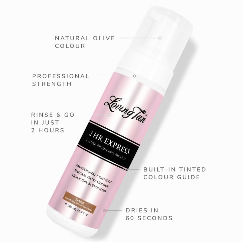 Loving Tan موس تان ذاتي سريع 2 ساعة من لوفينغ تان، داكن - خالي من الخطوط، طبيعي، جودة احترافية - 5+ تطبيقات تان ذاتي بدون شمس لكل زجاجة، خالي من القسوة، مستخلص طبيعي من DHA - 6.7 أونصة سائلة - Image 3