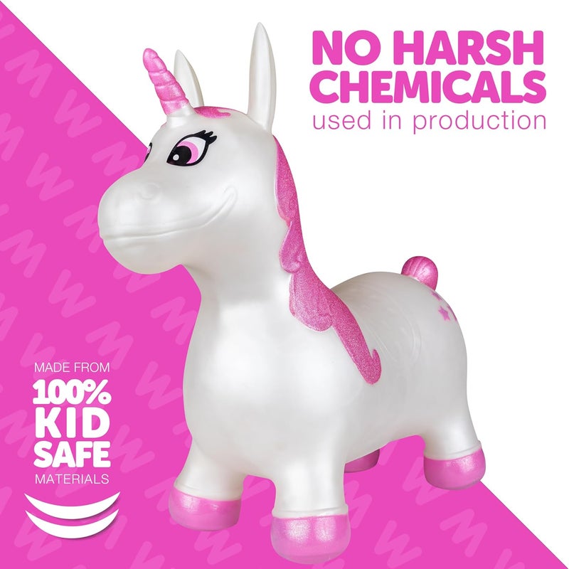WADDLE Bouncy Animal Hopper - Inflatable Hopping Animals, Indoors and Outdoors Fun, Pump Included, Riding Toys for Boys and Girls Ages 2 Years and Up, White Pink Unicorn - Image 4