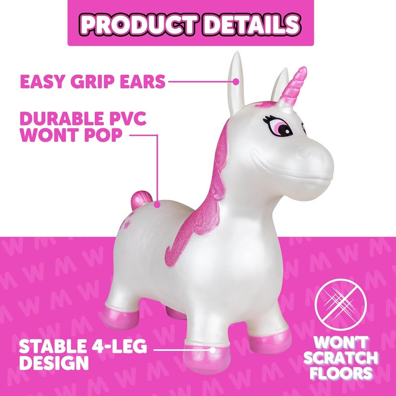 WADDLE Bouncy Animal Hopper - Inflatable Hopping Animals, Indoors and Outdoors Fun, Pump Included, Riding Toys for Boys and Girls Ages 2 Years and Up, White Pink Unicorn - Image 2