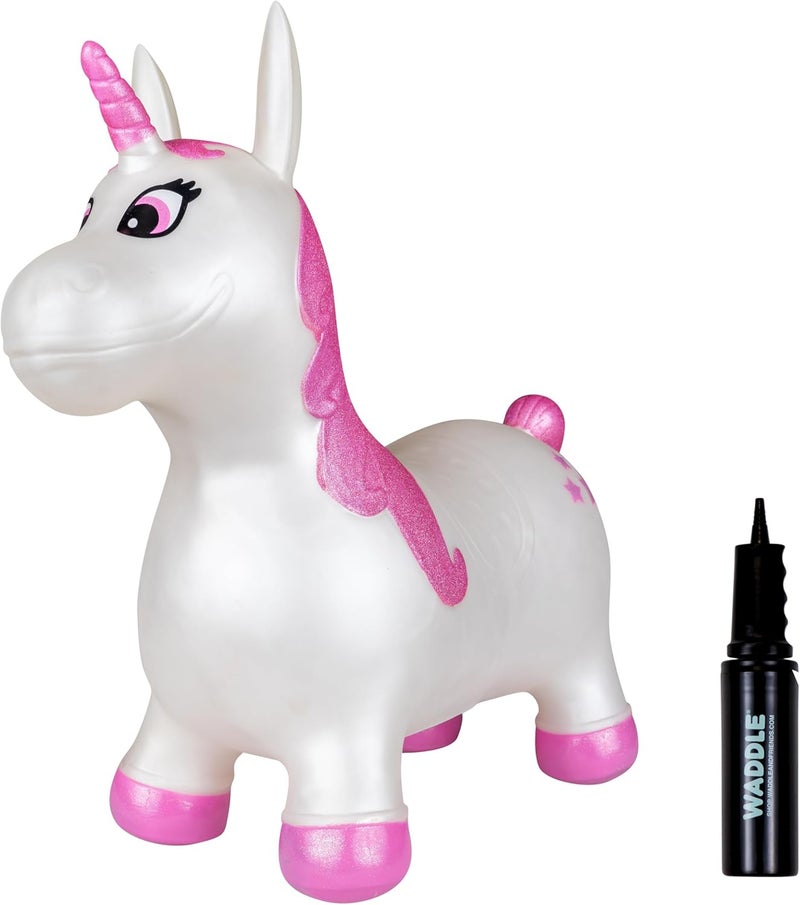 WADDLE Bouncy Animal Hopper - Inflatable Hopping Animals, Indoors and Outdoors Fun, Pump Included, Riding Toys for Boys and Girls Ages 2 Years and Up, White Pink Unicorn - Image 1