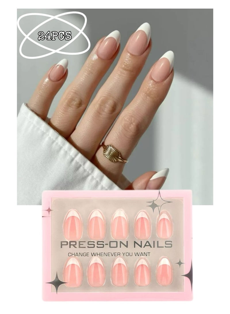 جوسكوين 24 قطعة أظافر تركيب لاصق، أظافر فرنسية، بلمسة نهائية للأشعة فوق البنفسجية، شكل لوزي قصير مدبب، أظافر شبه شفافة بجودة صالونات التجميل بـ 12 مقاسًا، مجموعة أظافر أكريليك صناعية مع غراء. - Image 1
