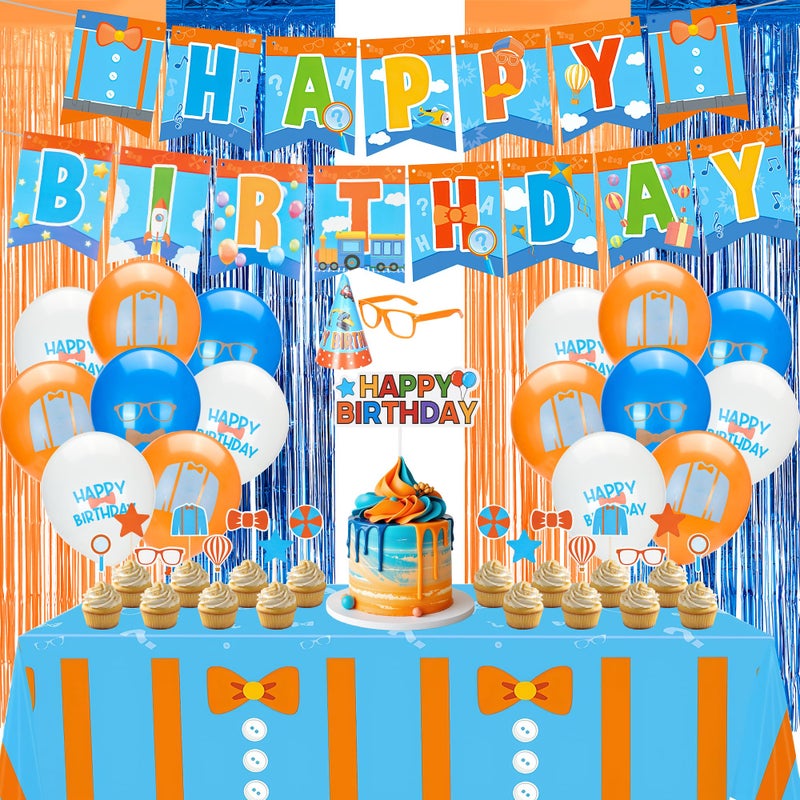 Bafeil 55PCS Cartoon Teacher Theme Party Supplies - Orange Blue Decorations Set with Hat Glasses Balloons Tinsel Foil Fringe Curtains Cupcake Toppers Tablecloth Banner for Birthday Party - Image 1