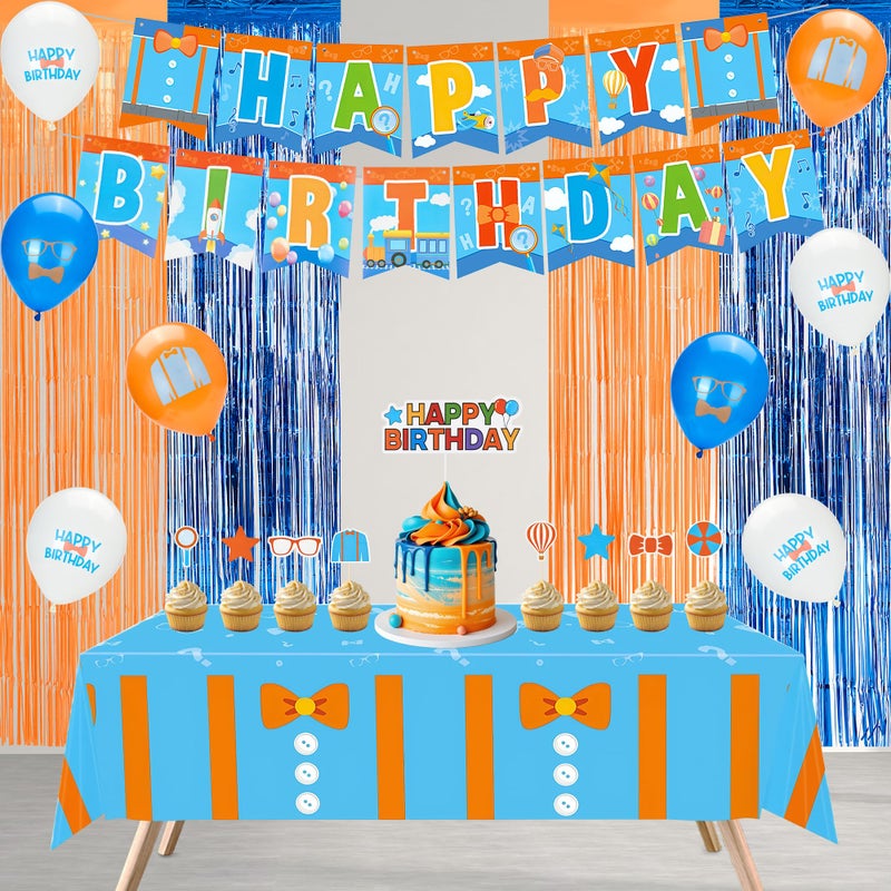 Bafeil 55PCS Cartoon Teacher Theme Party Supplies - Orange Blue Decorations Set with Hat Glasses Balloons Tinsel Foil Fringe Curtains Cupcake Toppers Tablecloth Banner for Birthday Party - Image 4