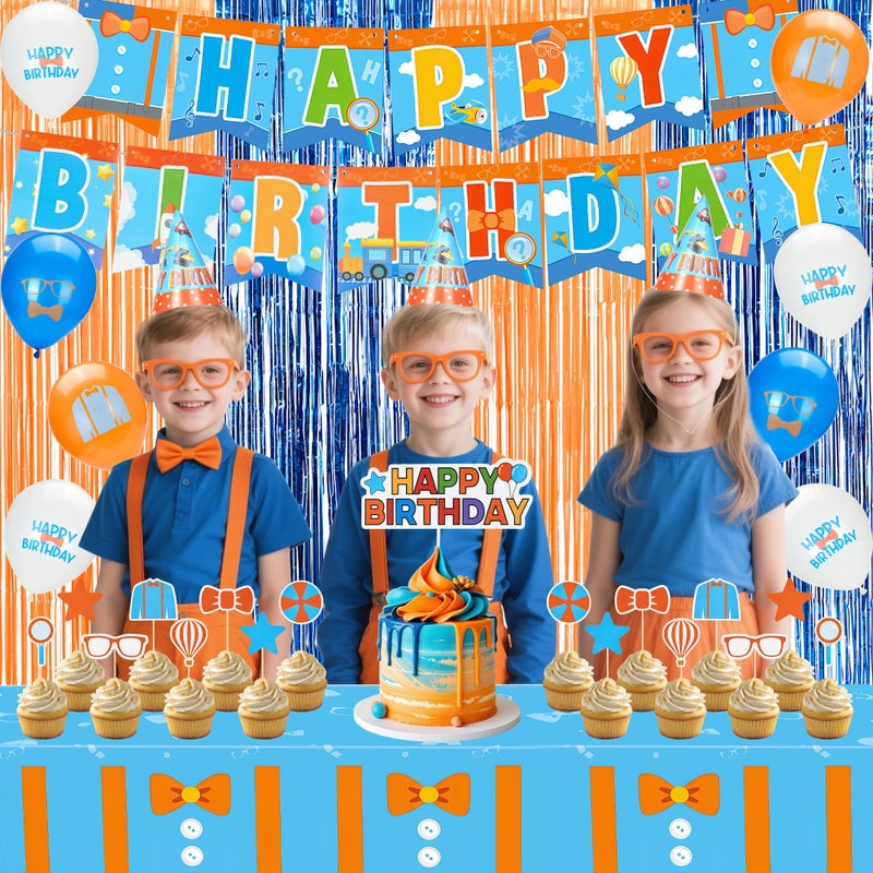 Bafeil 55PCS Cartoon Teacher Theme Party Supplies - Orange Blue Decorations Set with Hat Glasses Balloons Tinsel Foil Fringe Curtains Cupcake Toppers Tablecloth Banner for Birthday Party - Image 5