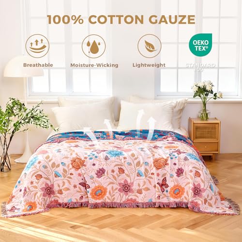 LUTBM Boho Throw Blanket for Bed Cotton Blankets Twin Size for Bedroom Living Room All Season Lightweight Floral Butterfly Embroidery Quilt for Couch Sofa Chair 60"x 80" Home Decor - Image 3