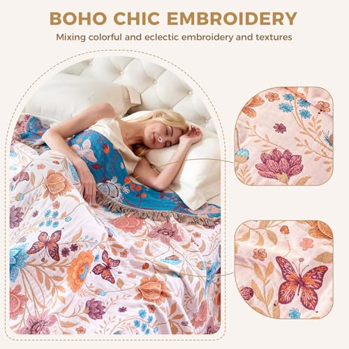LUTBM Boho Throw Blanket for Bed Cotton Blankets Twin Size for Bedroom Living Room All Season Lightweight Floral Butterfly Embroidery Quilt for Couch Sofa Chair 60"x 80" Home Decor - Image 4