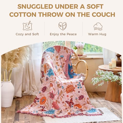 LUTBM Boho Throw Blanket for Bed Cotton Blankets Twin Size for Bedroom Living Room All Season Lightweight Floral Butterfly Embroidery Quilt for Couch Sofa Chair 60"x 80" Home Decor - Image 5