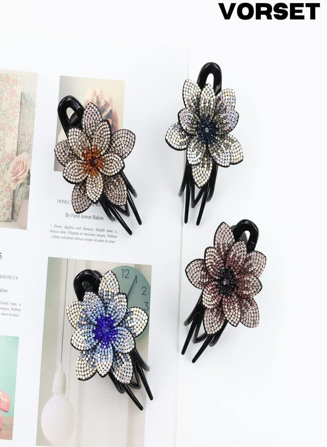 VORSET 2 Pcs Flower Rhinestones Hair Claw Clip, Crystal Fancy Hair Bun Clip, No Slip French Curved Duckbill Hair Clamp For Women Brand (Single Flower),Multi - Image 3