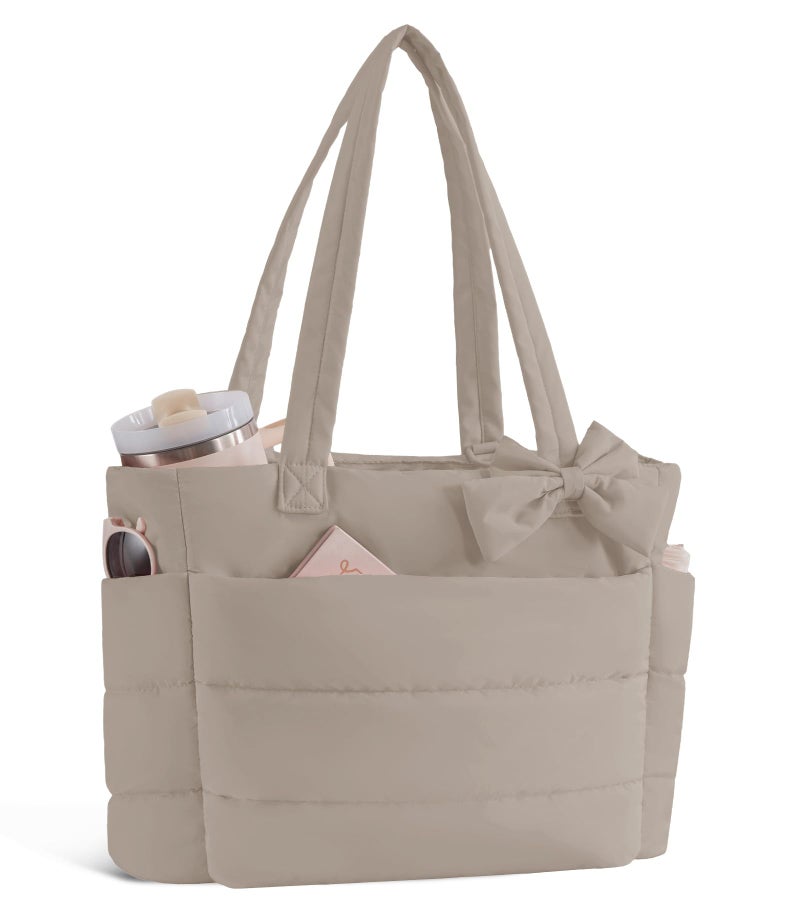 CTWWFS Puffer Tote Bag for Women, Quilted Bow Tote Bag with Cup Holder & 15.6 In Laptop Compartment, Lightweight Puffy Shoulder Bag with Zipper for Work, Travel, Gym, College (Light Brown) - Image 1