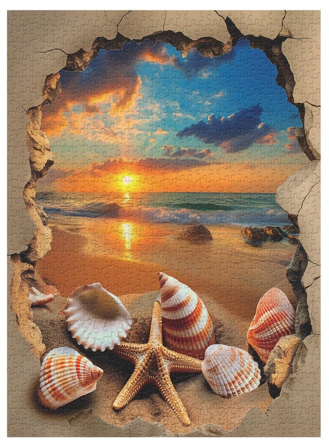 أحجية غروب الشمس على الشاطئ للكبار، 1000 قطعة، أحجية صور نجم البحر والأصداف البحرية، أحجية أصداف الشاطئ العتيقة كديكور حائط - Image 2