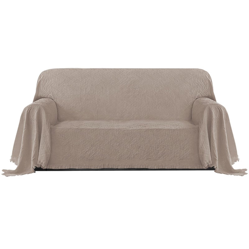 PureFit Geometric Jacquard Throw Sofa Cover - Textured Soft Washable Decorative Couch Covers for 3 Cushion Couch  Throw Cover with Tassels Furniture Protector for Pets  Kids (Medium  Camel) - Image 1