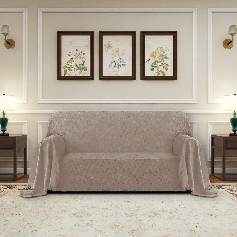 PureFit Geometric Jacquard Throw Sofa Cover - Textured Soft Washable Decorative Couch Covers for 3 Cushion Couch  Throw Cover with Tassels Furniture Protector for Pets  Kids (Medium  Camel) - Image 2