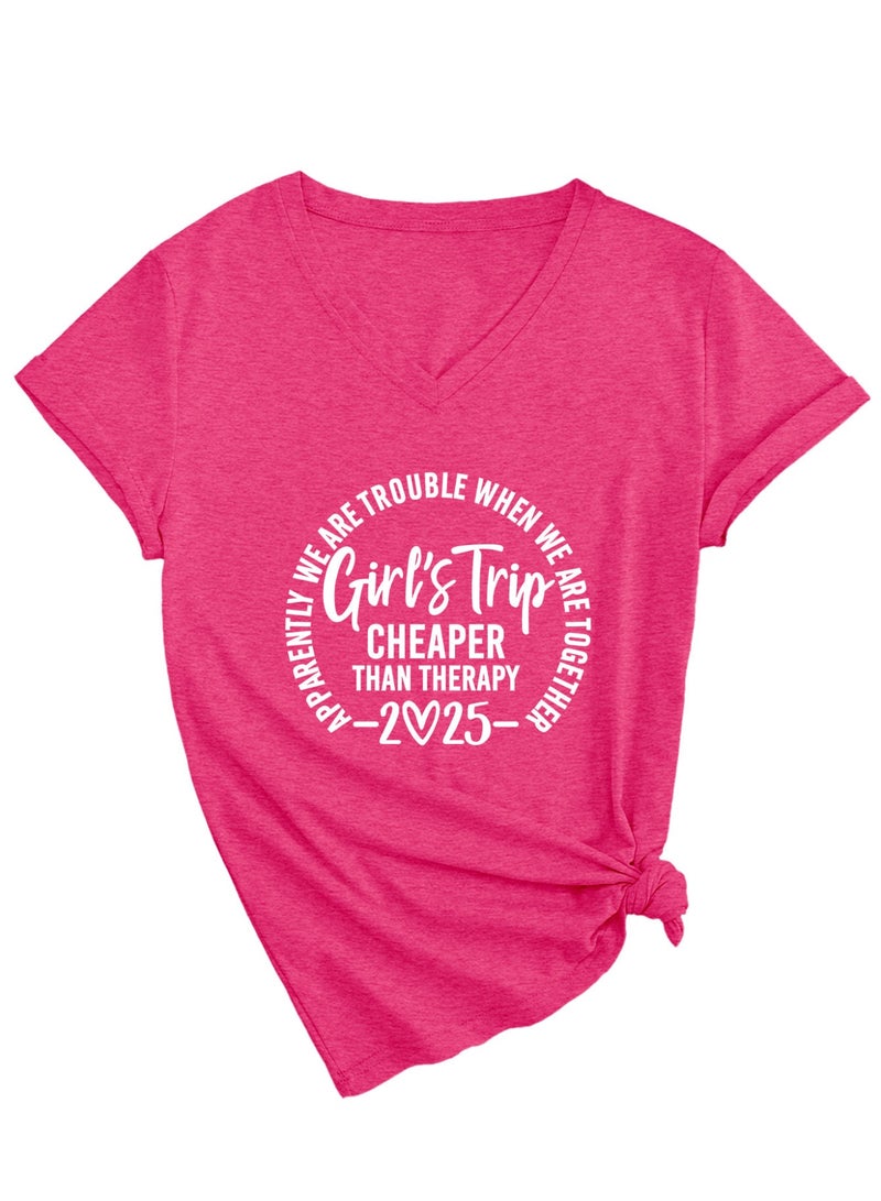 Women Funny Short Sleeve V Neck T Shirt Summer Vacation Tees - Image 1