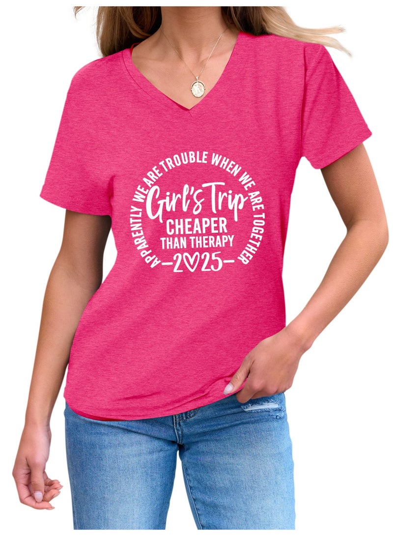 Women Funny Short Sleeve V Neck T Shirt Summer Vacation Tees - Image 2