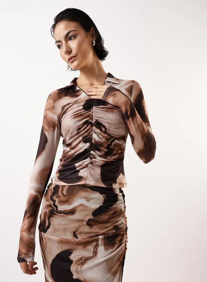 هوبرهولمي Women's Brown 100% Polyester Self Design Pattern Slim Fit Tops