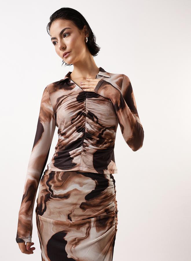 Hubberholme Women's Brown 100% Polyester Self Design Pattern Slim Fit Tops - Image 1