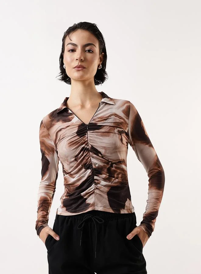 Hubberholme Women's Brown 100% Polyester Self Design Pattern Slim Fit Tops