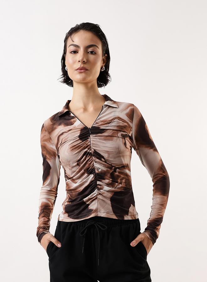 Hubberholme Women's Brown 100% Polyester Self Design Pattern Slim Fit Tops - Image 3