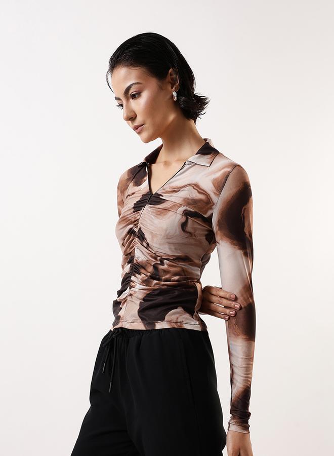 Hubberholme Women's Brown 100% Polyester Self Design Pattern Slim Fit Tops - Image 4