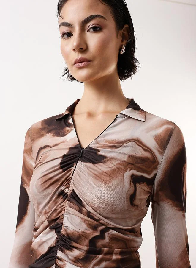 هوبرهولمي Women's Brown 100% Polyester Self Design Pattern Slim Fit Tops