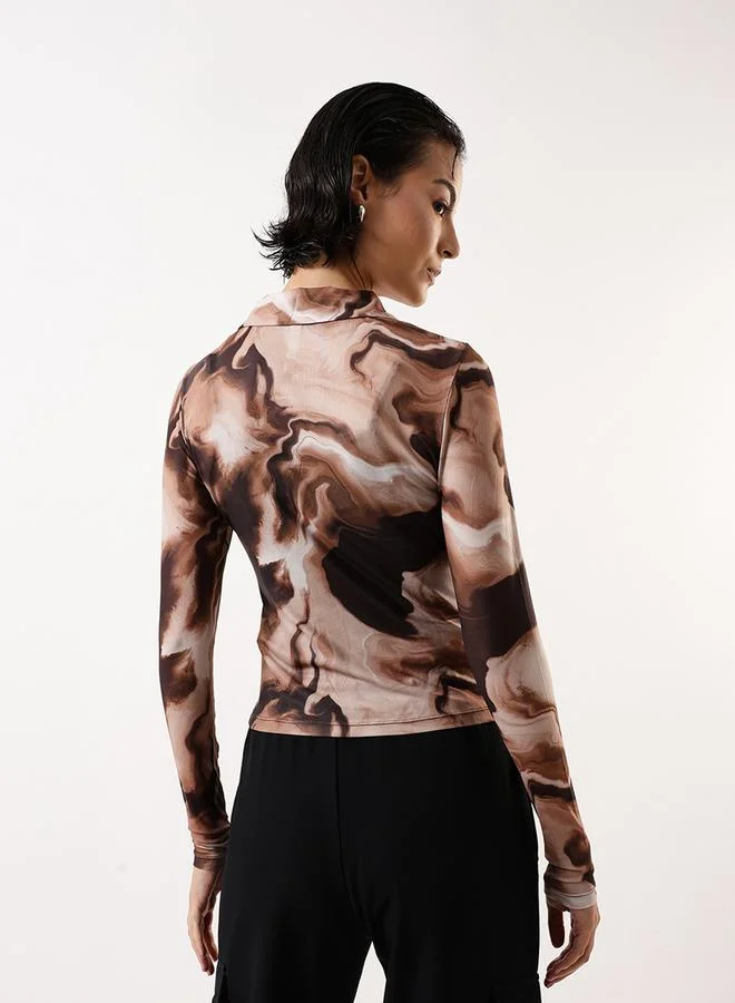 Hubberholme Women's Brown 100% Polyester Self Design Pattern Slim Fit Tops