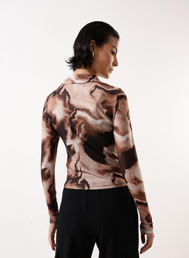 Hubberholme Women's Brown 100% Polyester Self Design Pattern Slim Fit Tops - Image 5