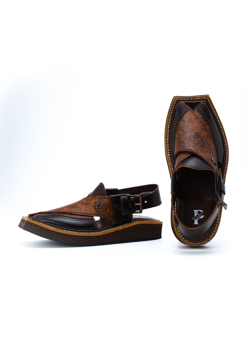 Pakhtun Chappal - Original Leather Pakistani Peshawari sandals Brown upper Kaptaan sole - Image 1