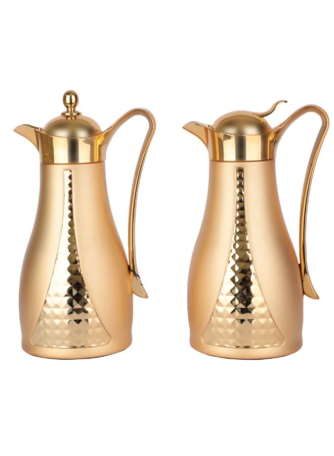 سوليتير طقم ترامس ذهبي مطفي بتصميم الكريستال مكون الطقم من 2 للقهوة وللشاي السعة 1 لتر - Image 1