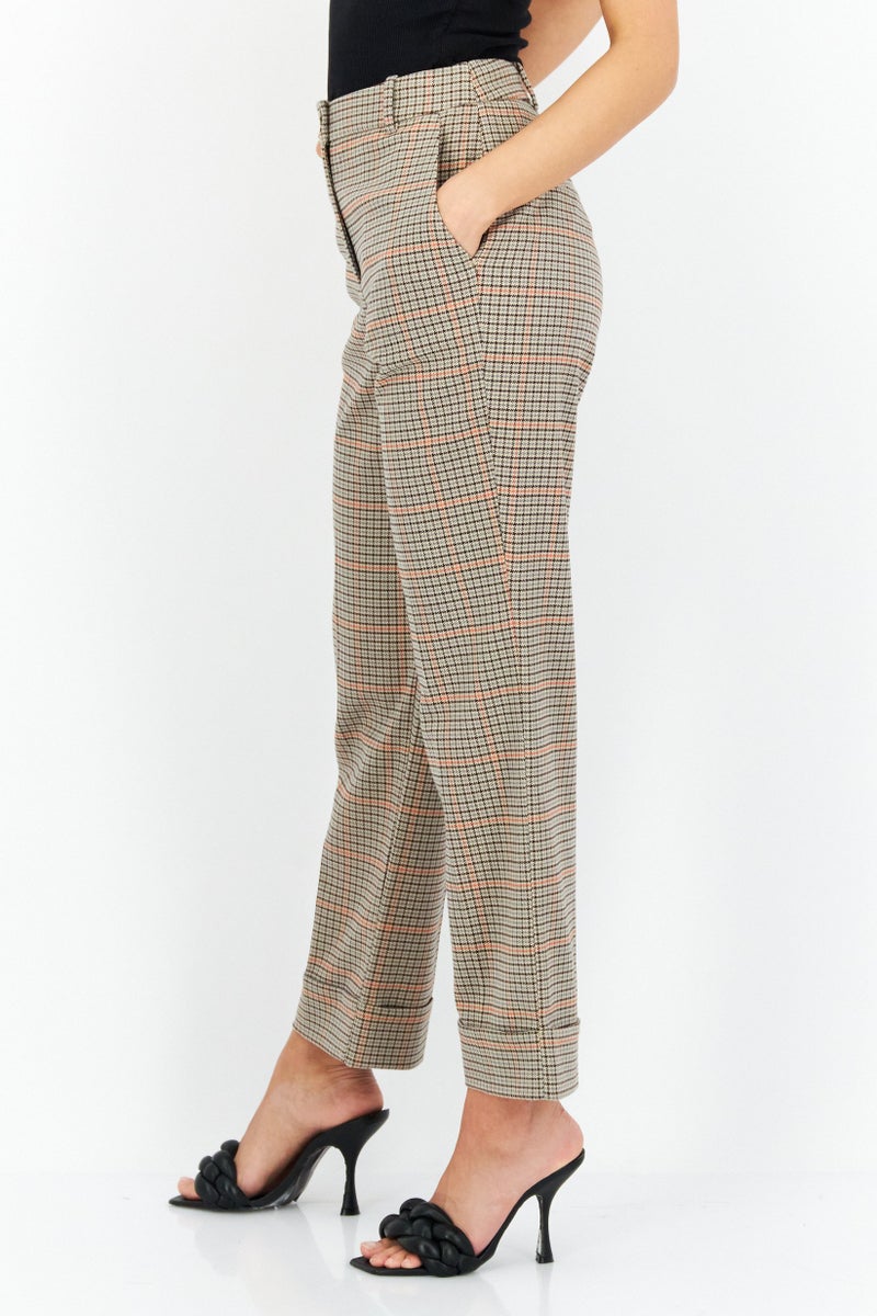 ESPRIT Women Regular Fit Houndstooth Casual Pants, Beige - Image 3