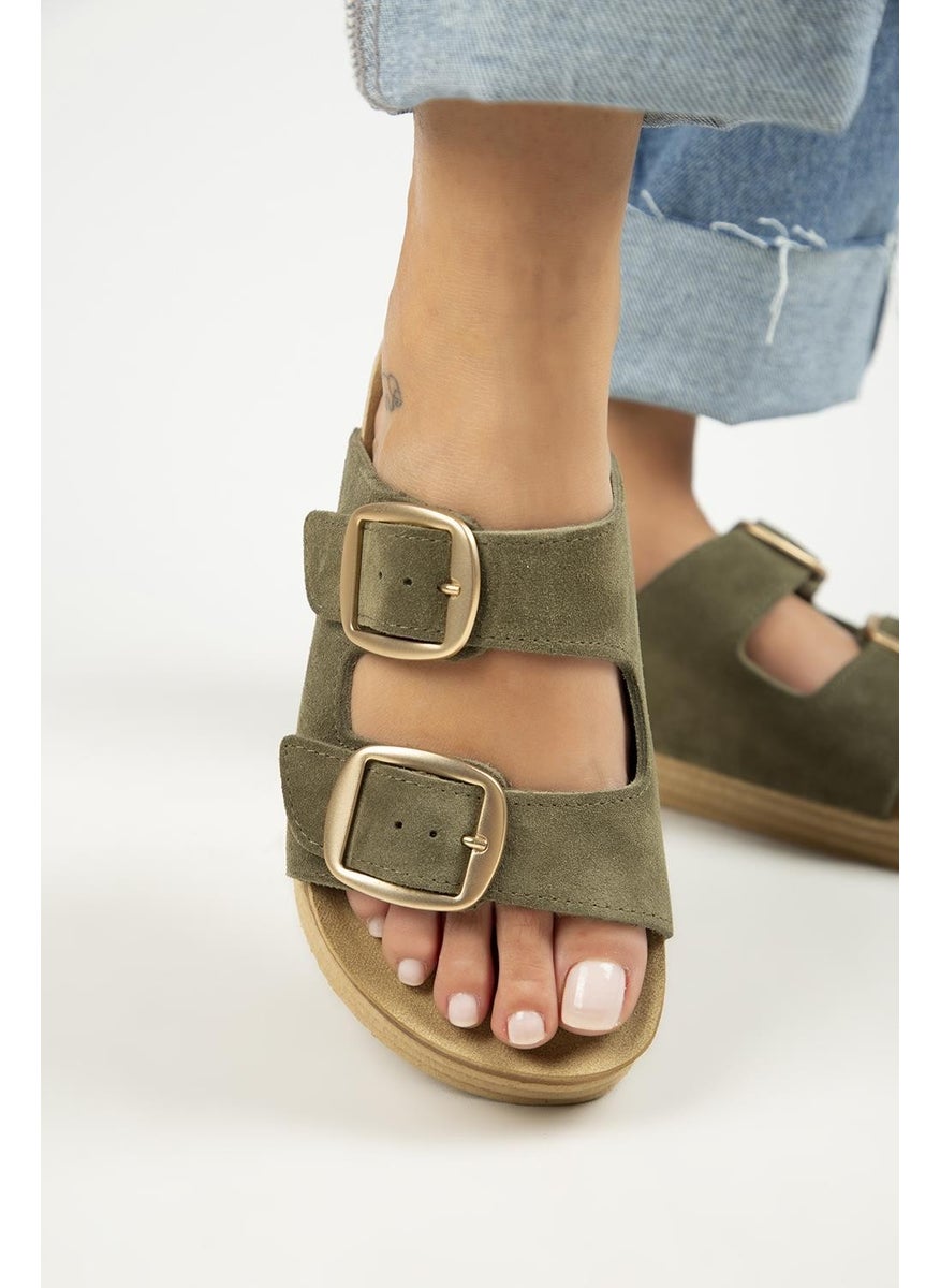Manijero Manjero Selina Women's Leather Double Buckle Khaki Slippers  - Image 4