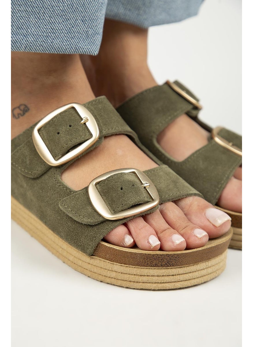 Manijero Manjero Selina Women's Leather Double Buckle Khaki Slippers  - Image 3