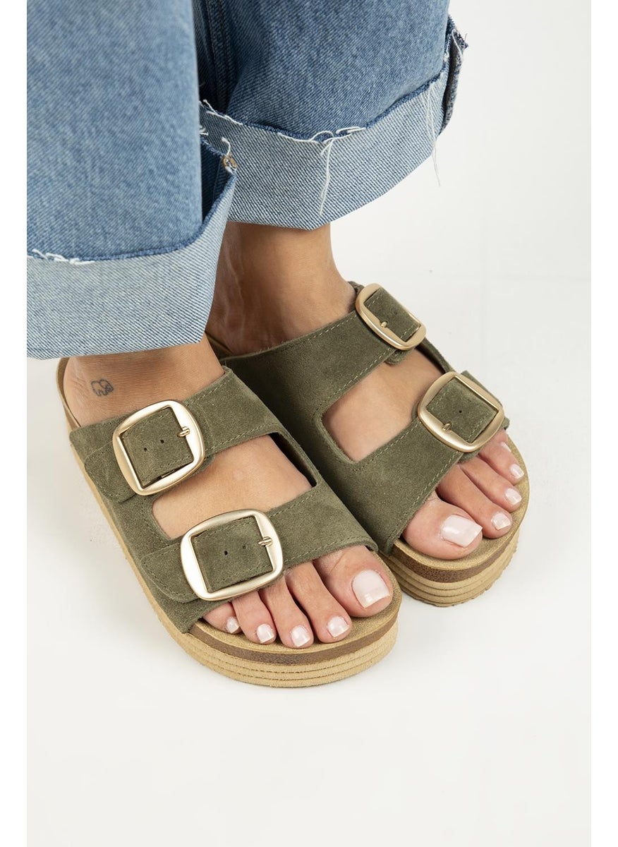 Manijero Manjero Selina Women's Leather Double Buckle Khaki Slippers  - Image 2