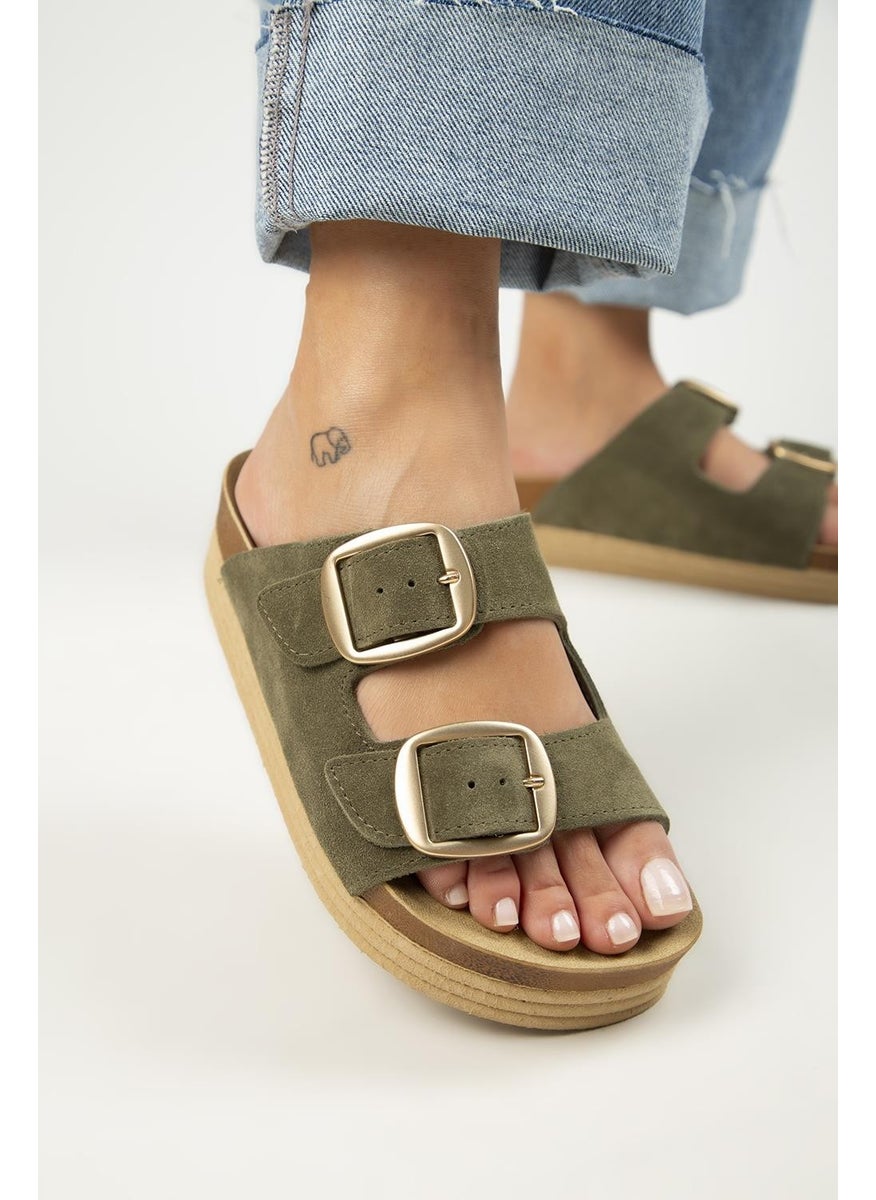 Manijero Manjero Selina Women's Leather Double Buckle Khaki Slippers  - Image 5